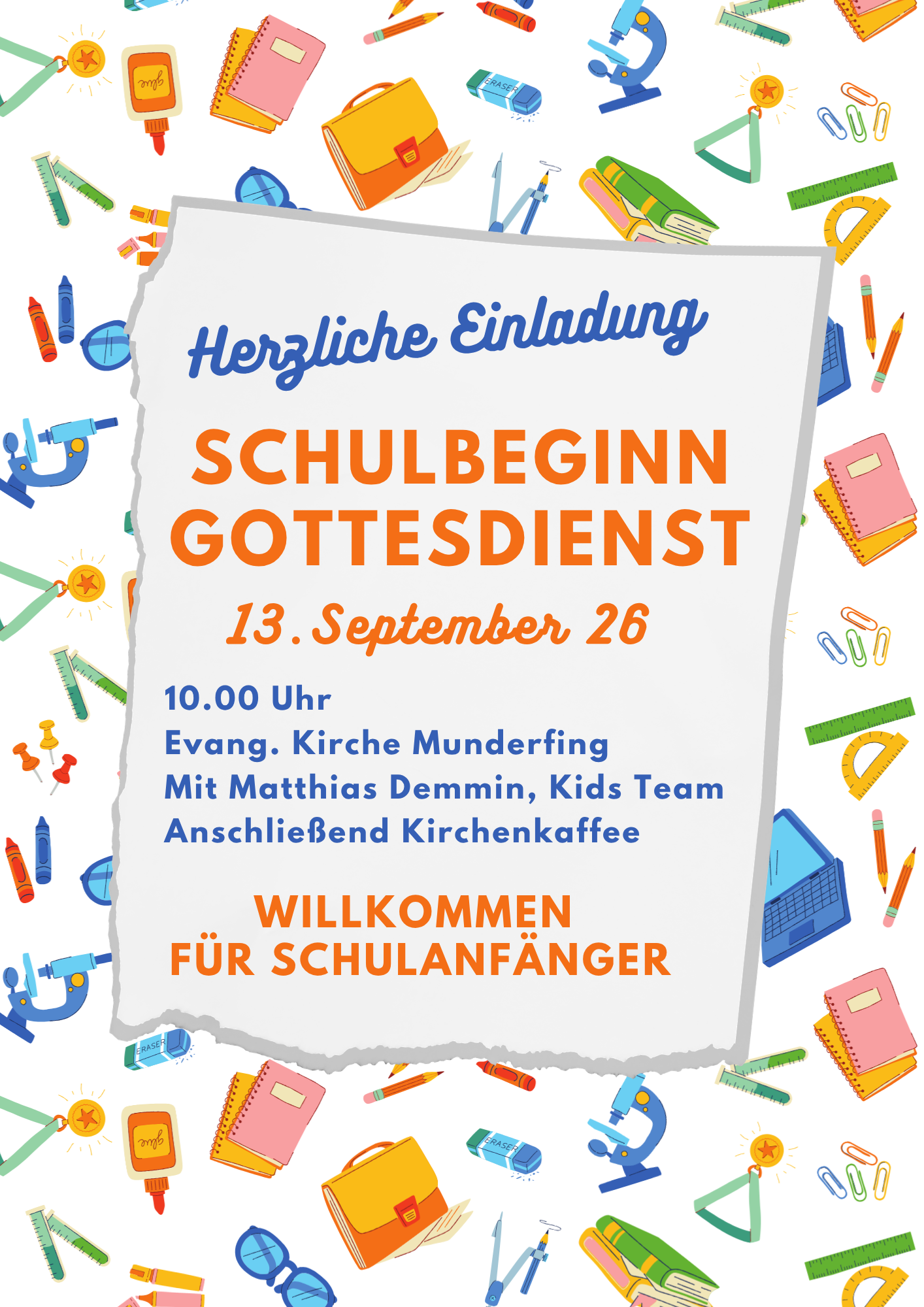 Herzliche Einladung zum Schulanfangsgottesdient am 13.09.2026